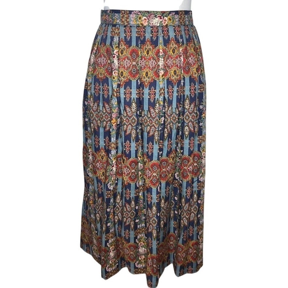 Vintage Susan Bristol Blue Paisley Floral Striped Pleated Maxi Skirt Boho 90s